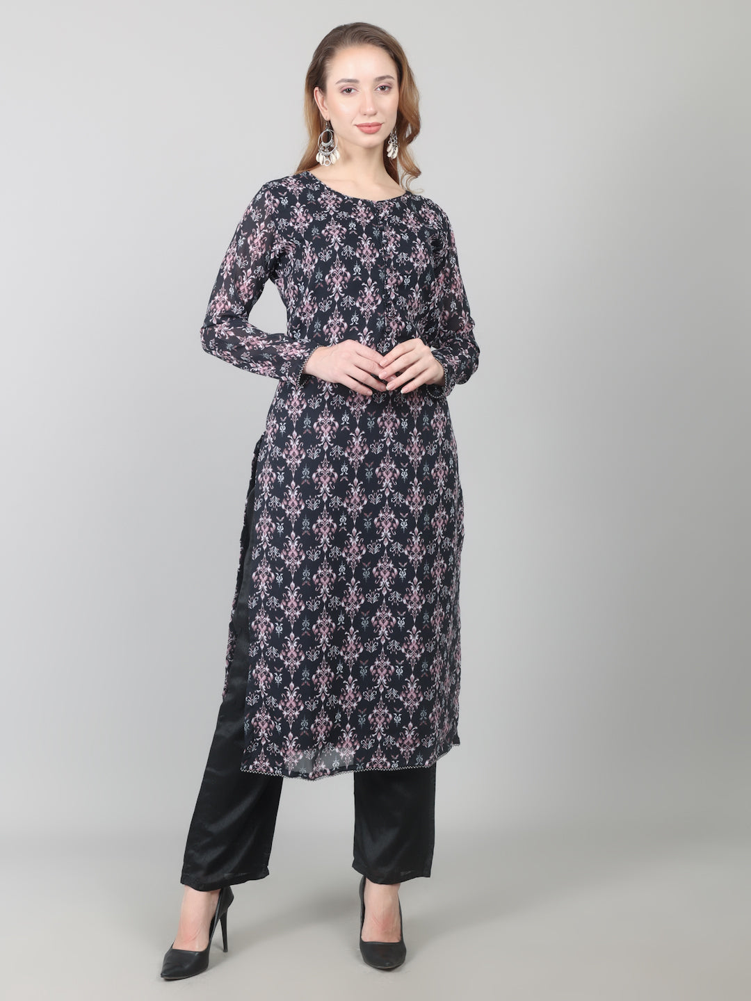 Black Georgette Printed Straight Suit Set
