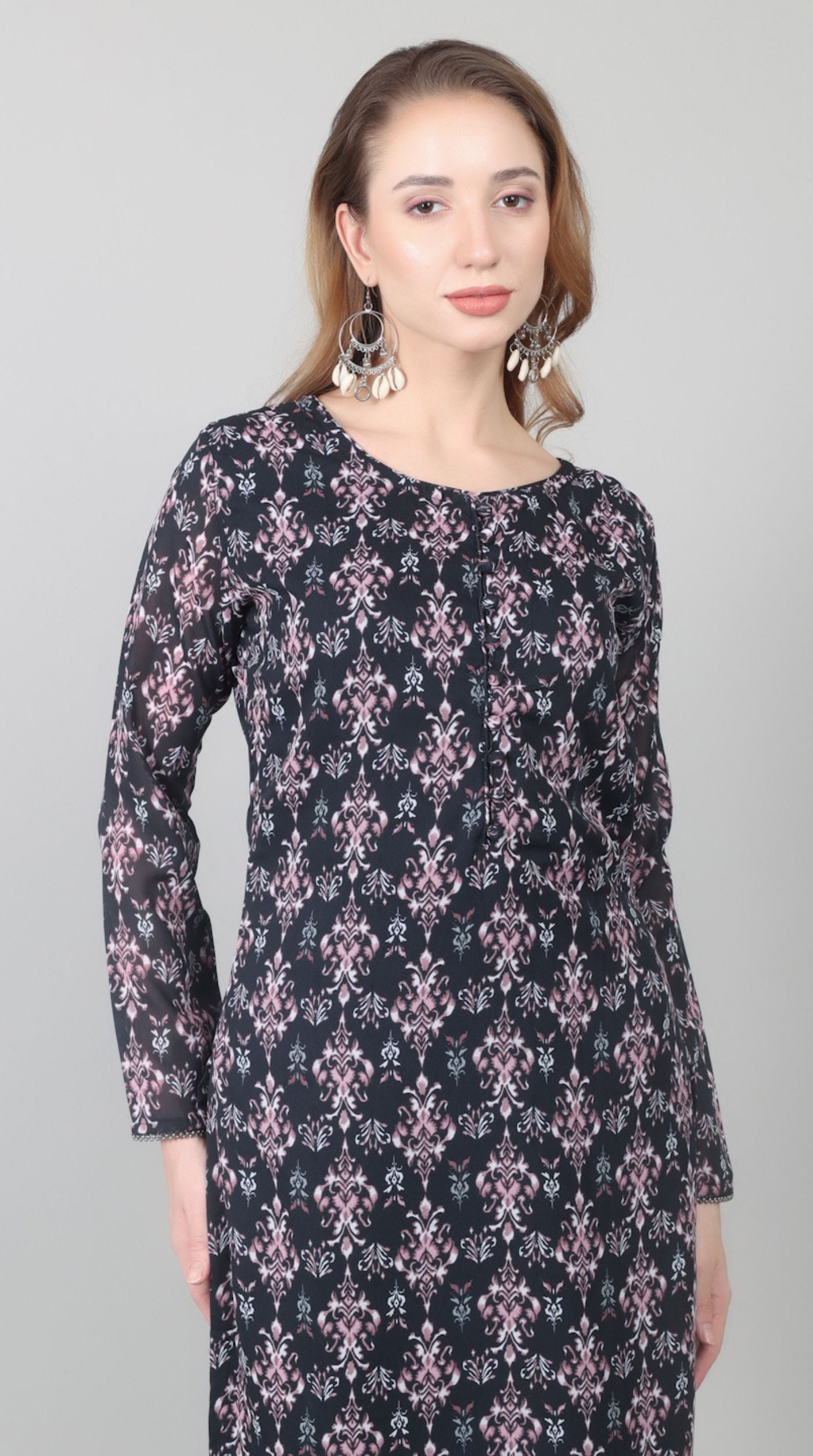 Black Georgette Printed Straight Suit Set