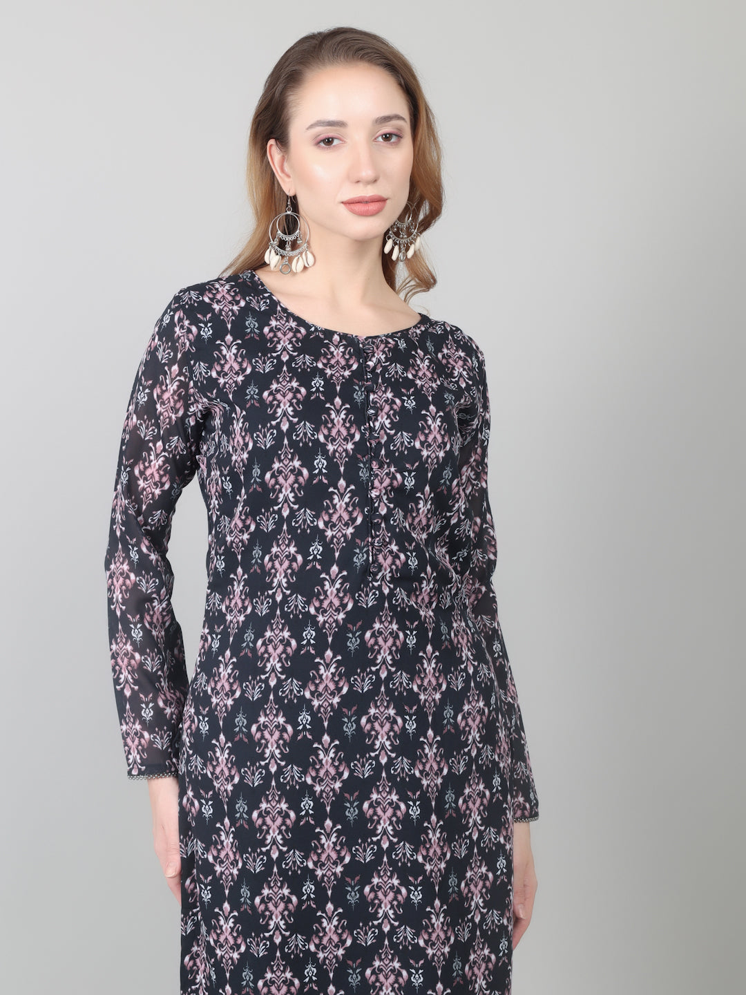 Black Georgette Printed Straight Suit Set