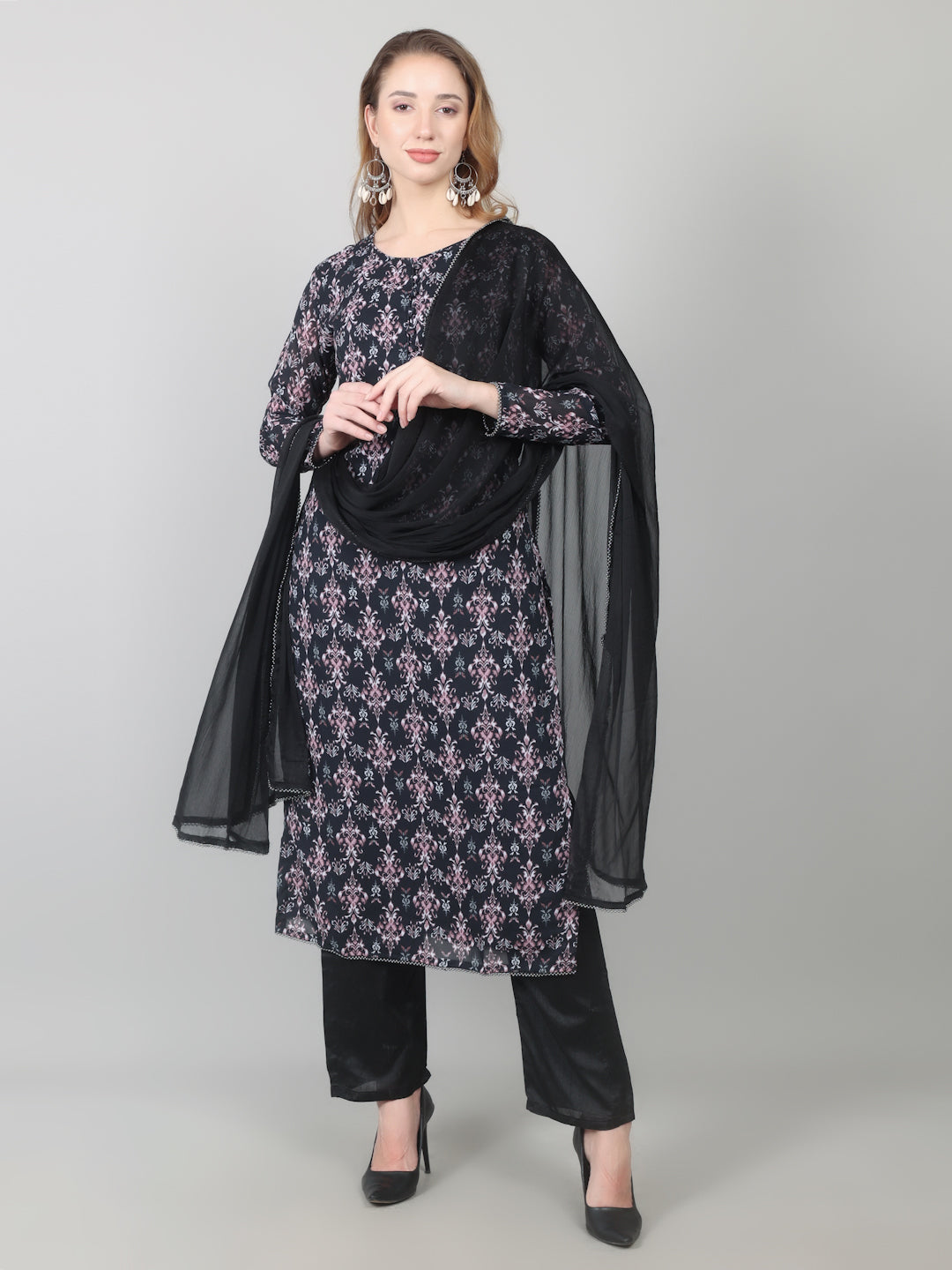 Black Georgette Printed Straight Suit Set