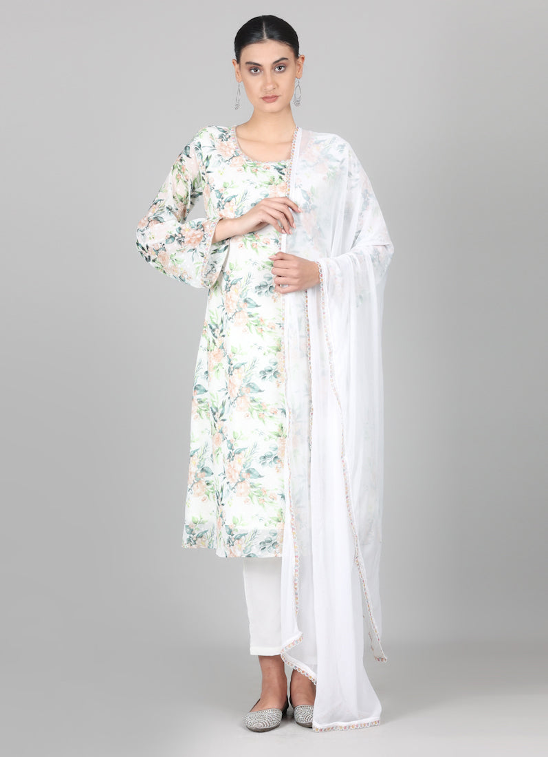 White Georgette Dobby A-line Suit Set