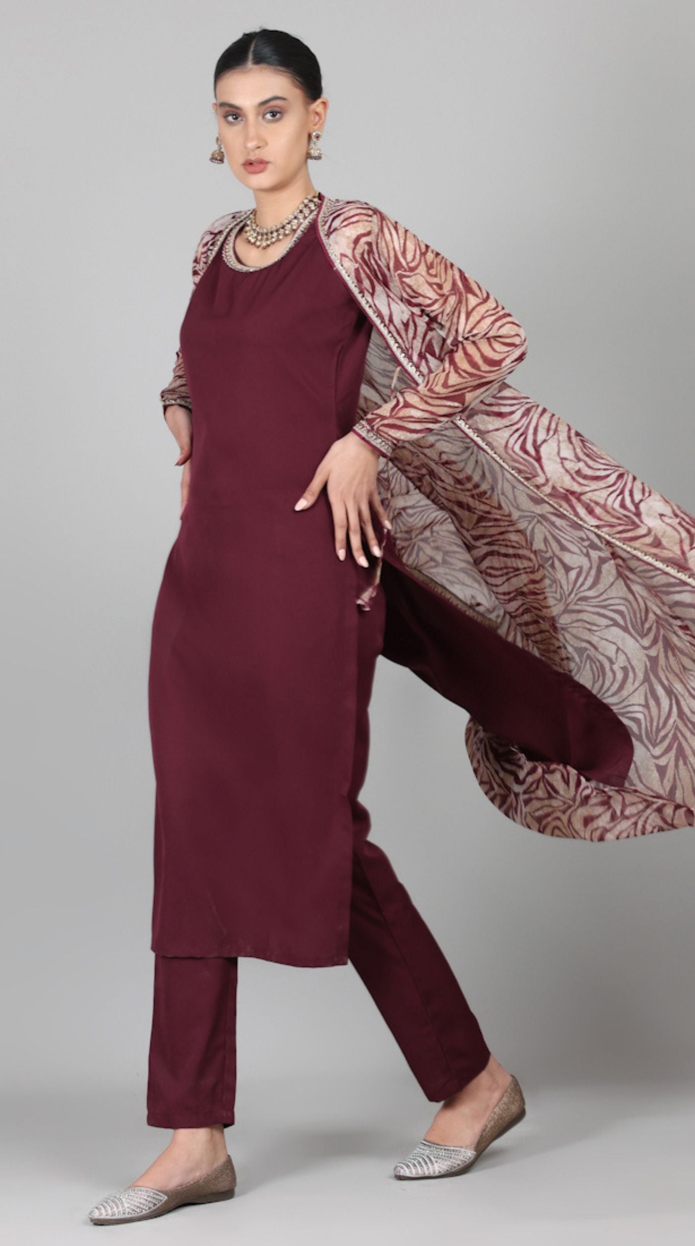 Wine A-line Jacket Style Suit Set