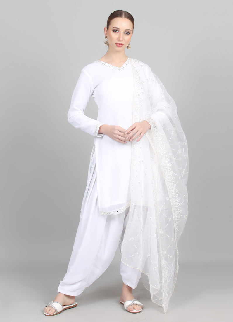 White Organza Embroidered Dupatta Suit Set