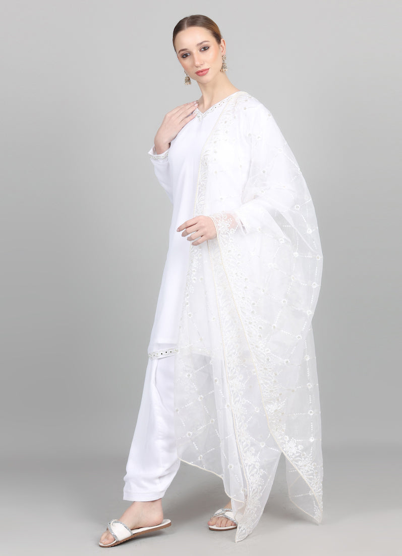 White Organza Embroidered Dupatta Suit Set