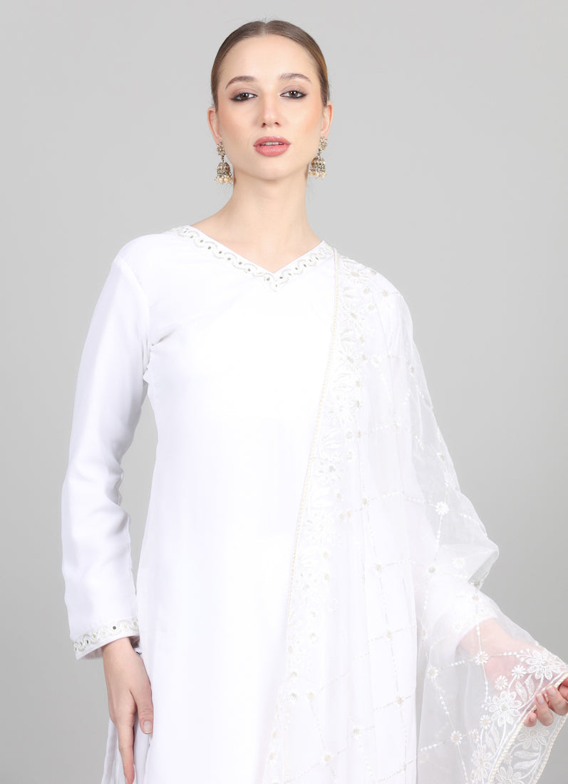 White Organza Embroidered Dupatta Suit Set