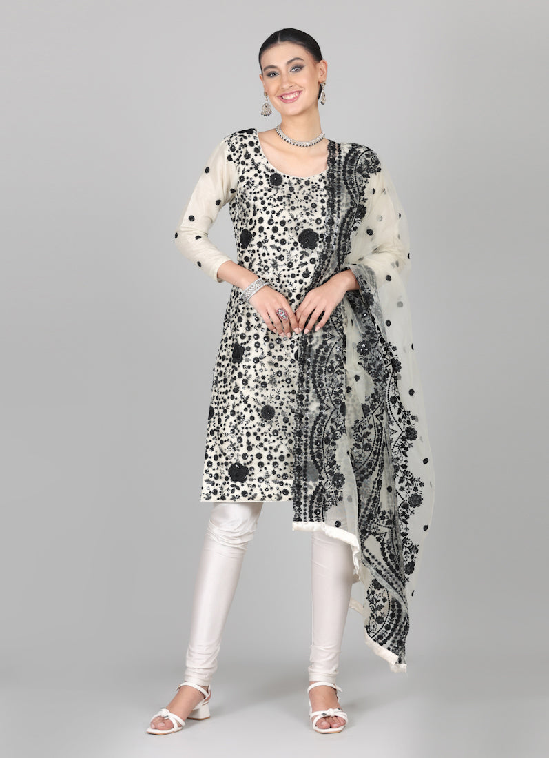 Cream-Black Sequins Embroidered Suit Set