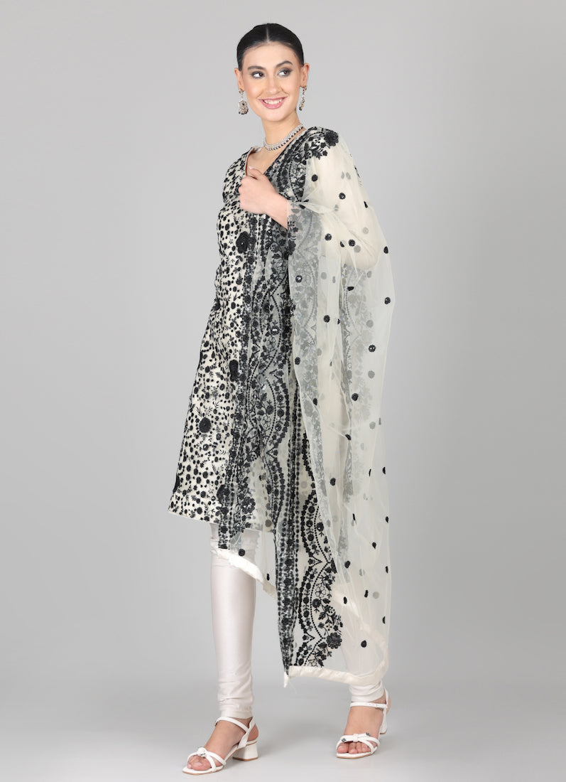 Cream-Black Sequins Embroidered Suit Set