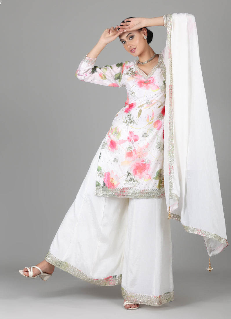 Ivory Chinon Floral Printed Suit Set