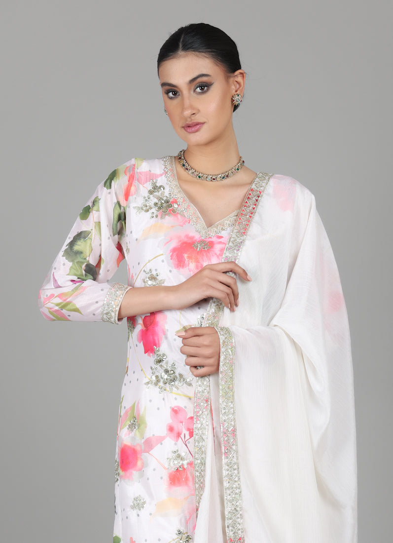 Ivory Chinon Floral Printed Suit Set