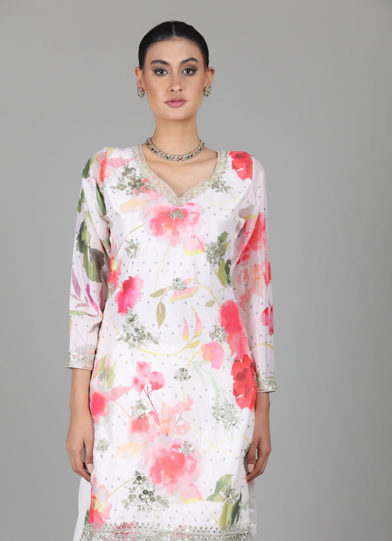 Ivory Chinon Floral Printed Suit Set