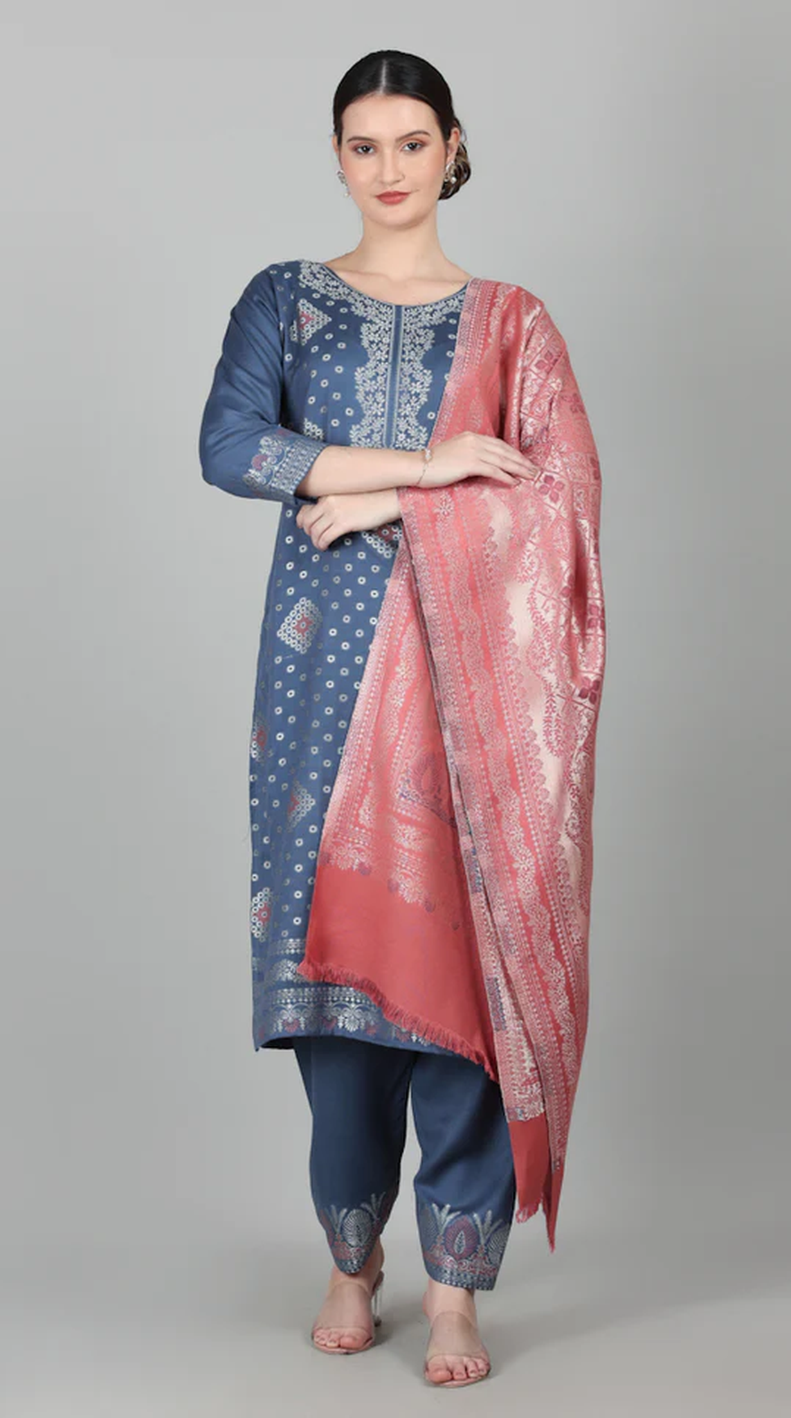 Blue Straight Cut Shawl Suit Set