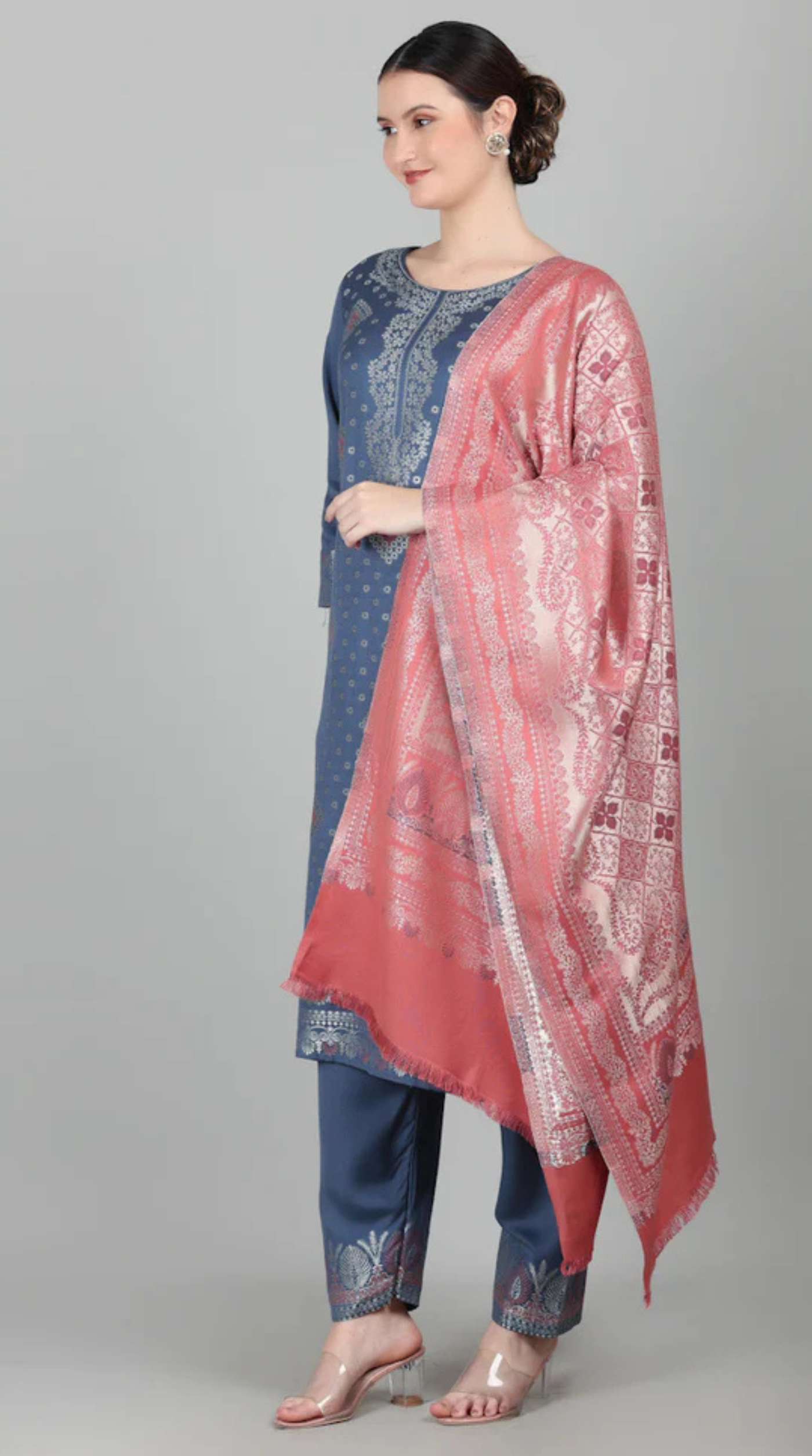Blue Straight Cut Shawl Suit Set