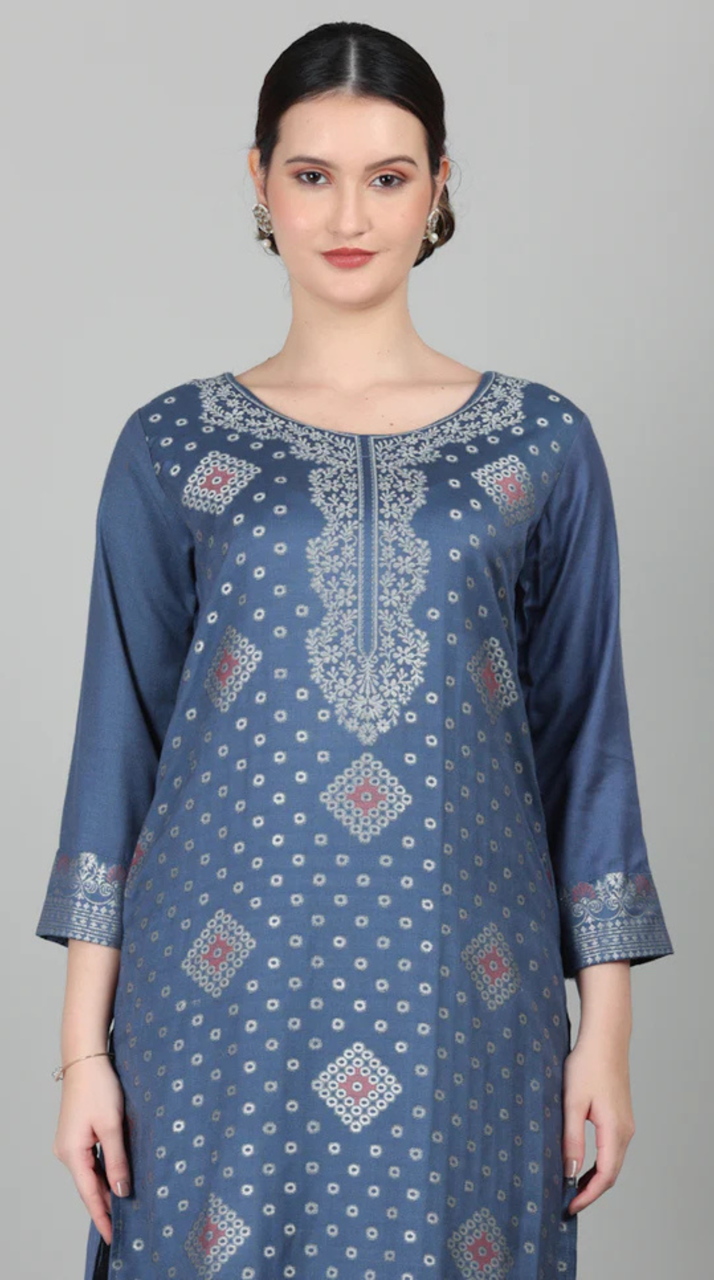 Blue Straight Cut Shawl Suit Set