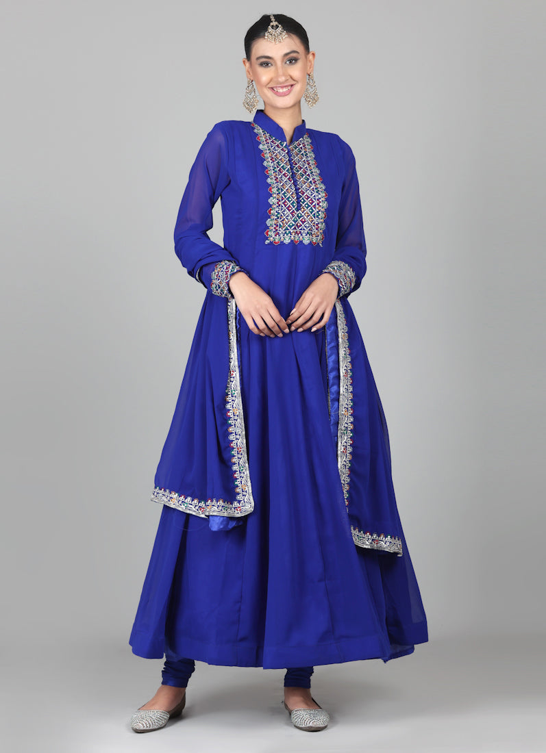 Royal Blue Georegtte Anarkali Suit Set