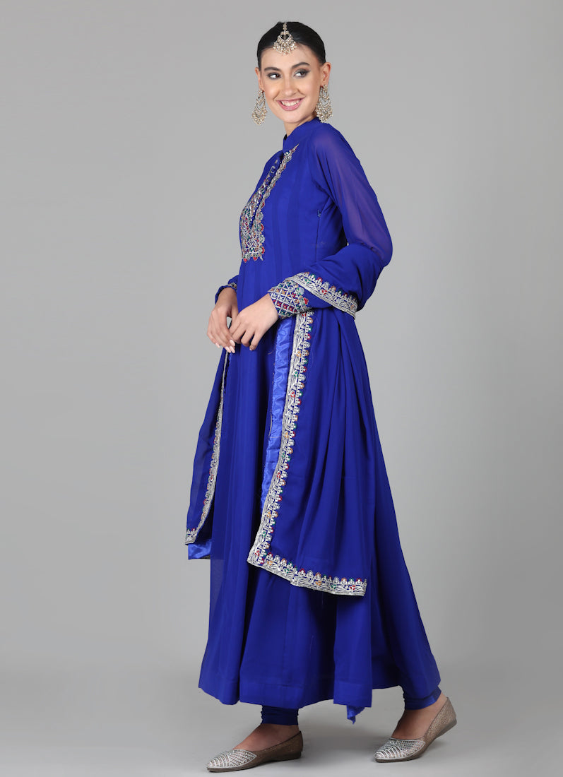 Royal Blue Georegtte Anarkali Suit Set