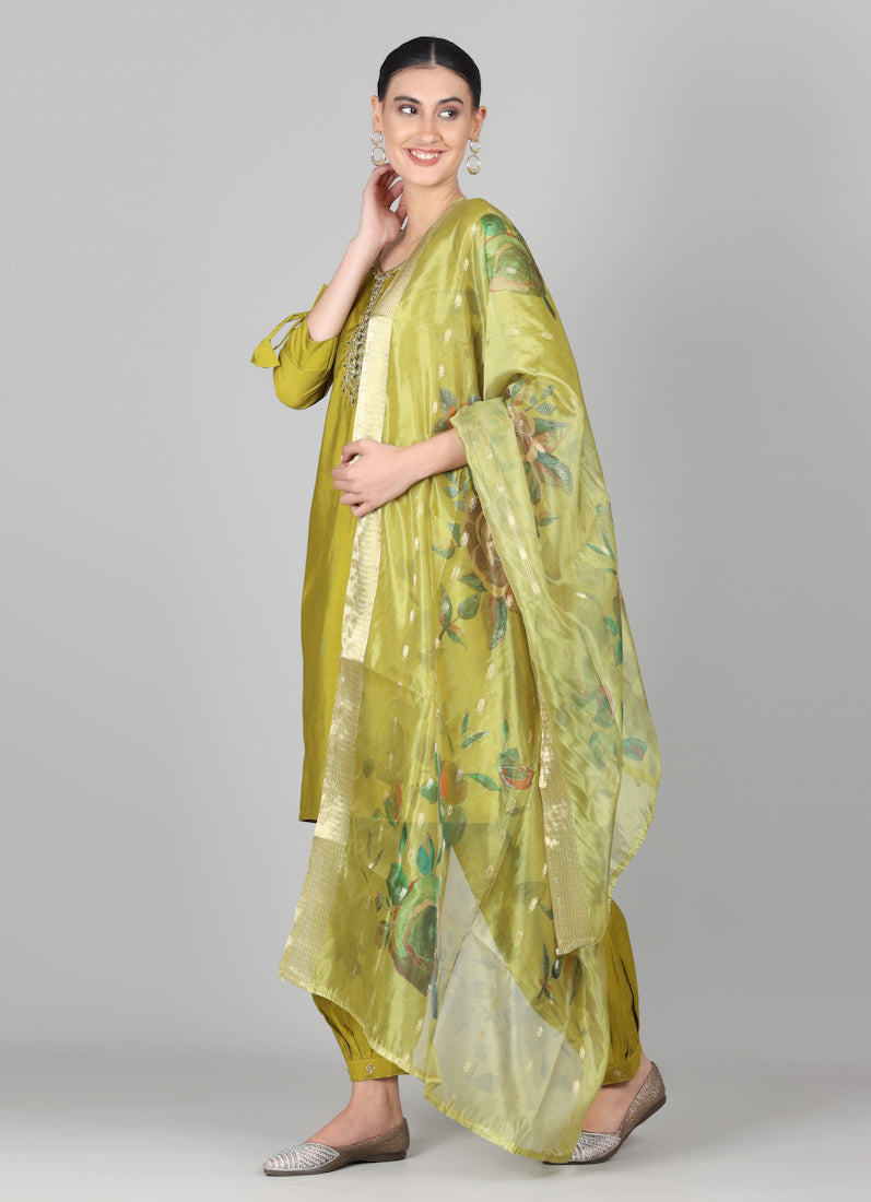 Green Chanderi Duaptta Suit Set