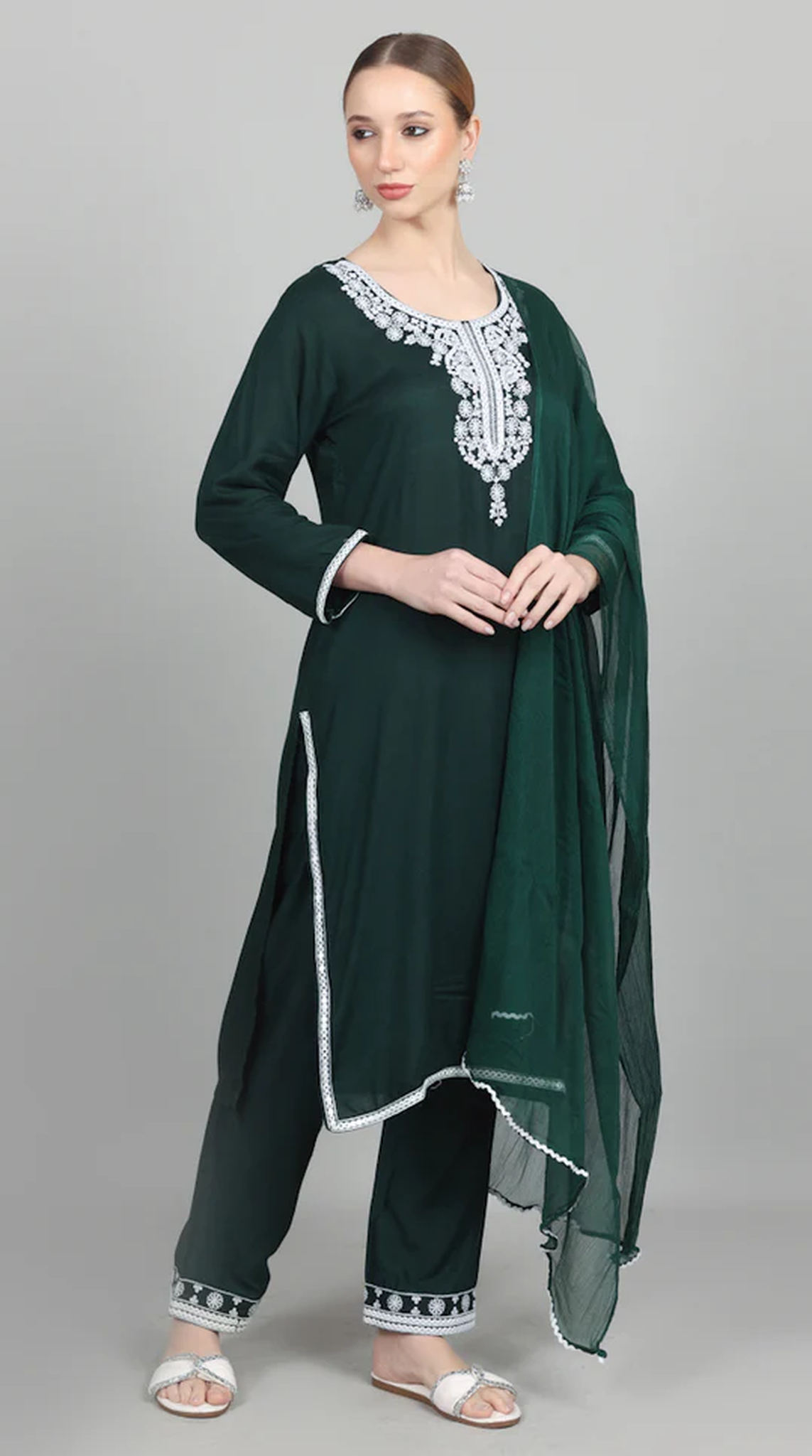 Dark Green Thread Embroidered Suit Set