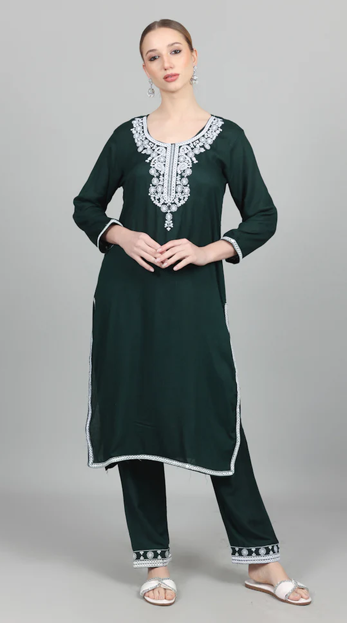 Dark Green Thread Embroidered Suit Set