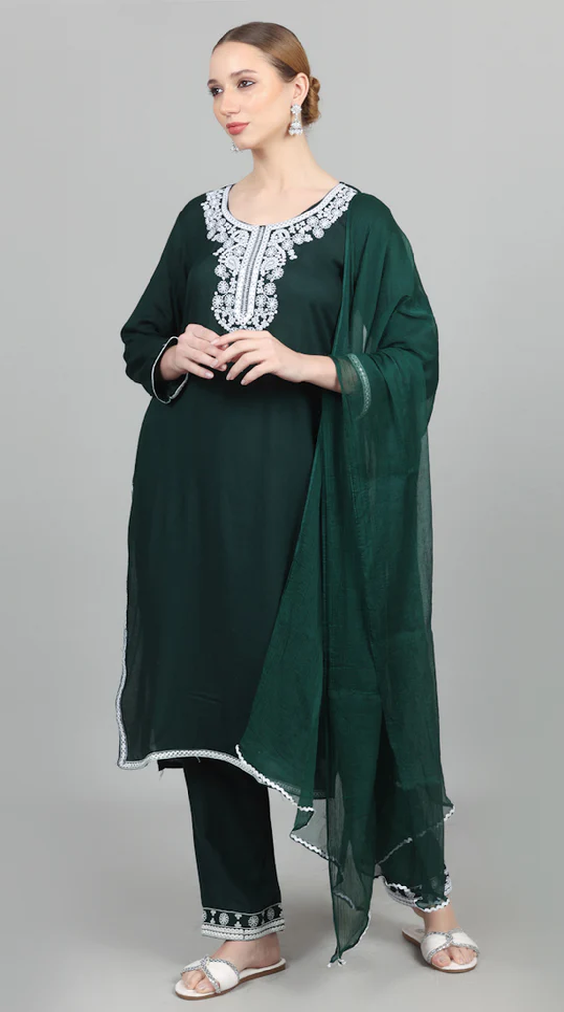 Dark Green Thread Embroidered Suit Set