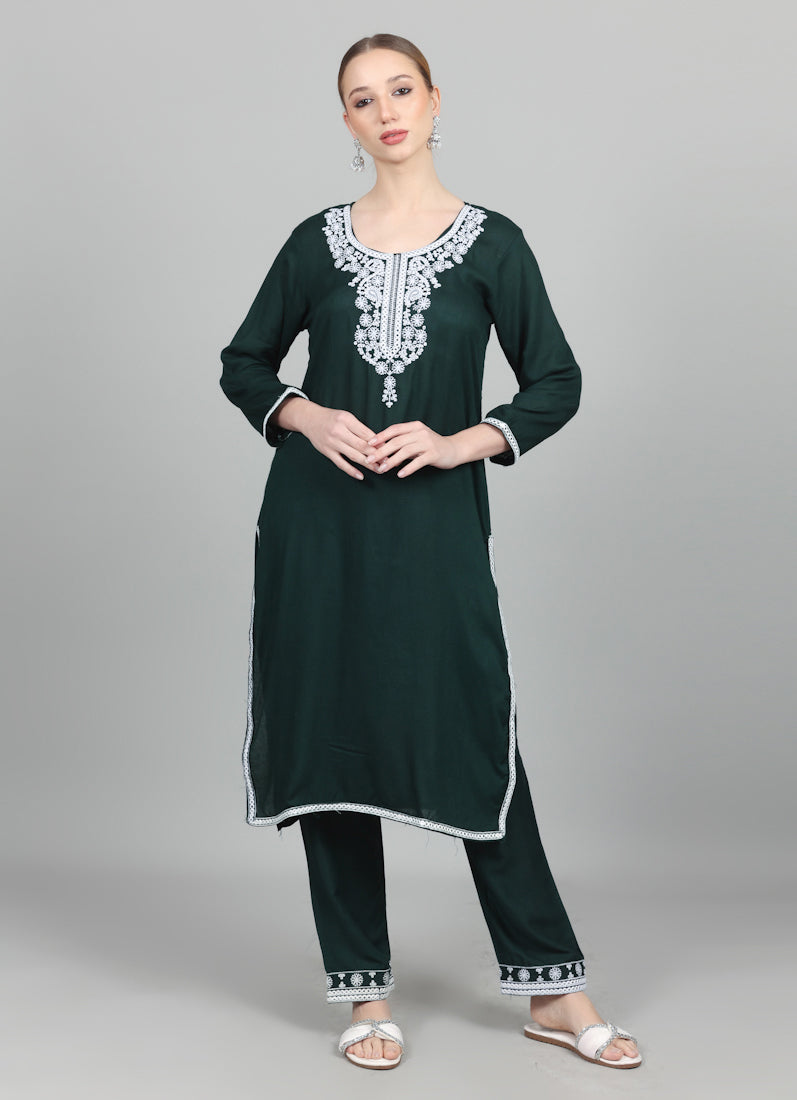 Dark Green Thread Embroidered Suit Set