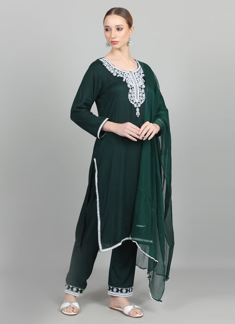 Dark Green Thread Embroidered Suit Set