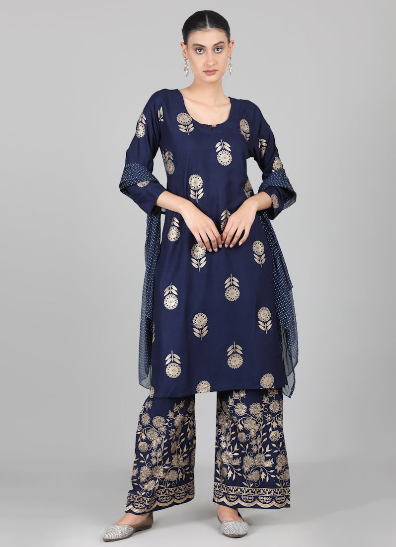 Navy Blue Foil Printed Suit Set