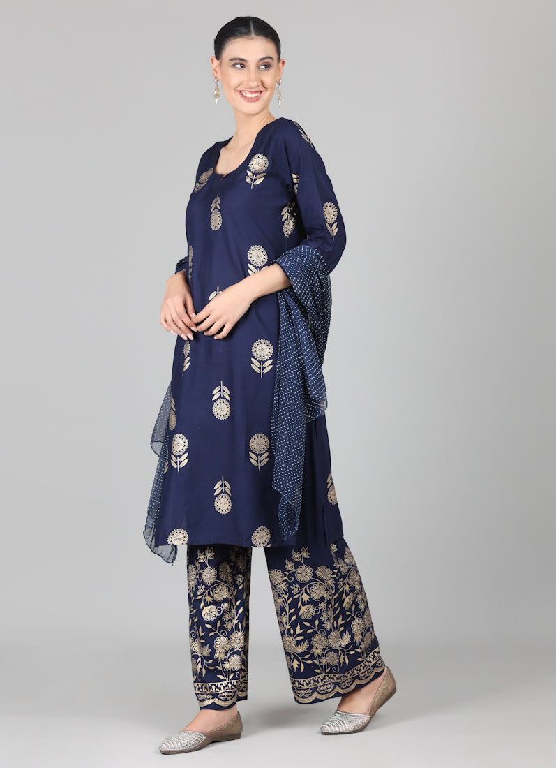 Navy Blue Foil Printed Suit Set
