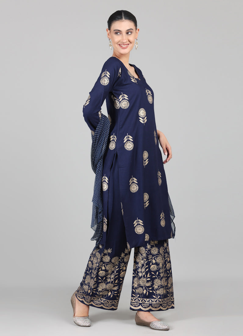 Navy Blue Foil Printed Suit Set