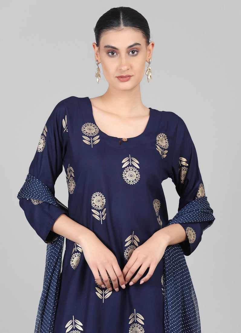 Navy Blue Foil Printed Suit Set