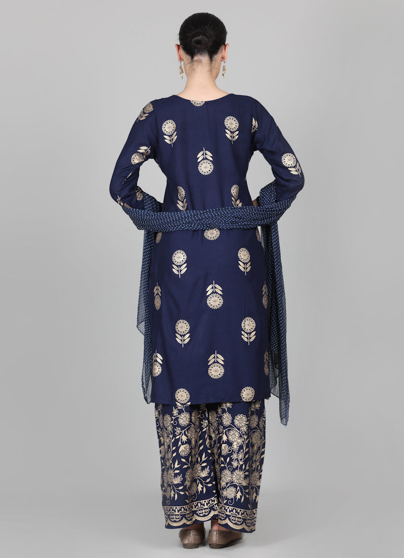 Navy Blue Foil Printed Suit Set