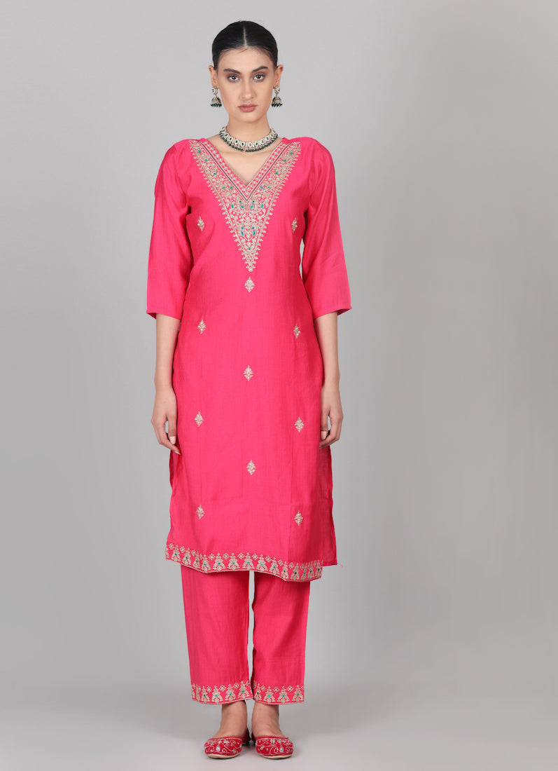 Magenta Silk Thread Embroidered Suit Set