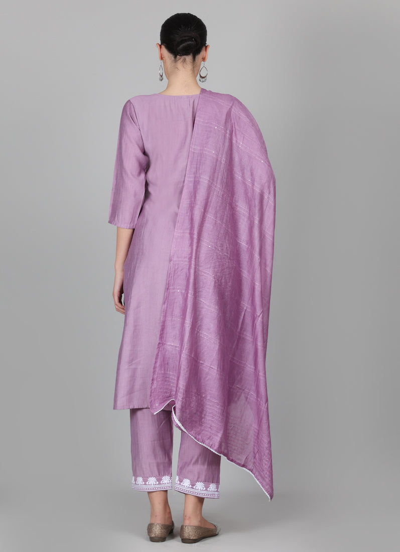 Lilac Silk Thread Embroidered Suit Set