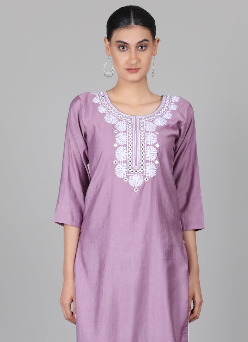 Lilac Silk Thread Embroidered Suit Set