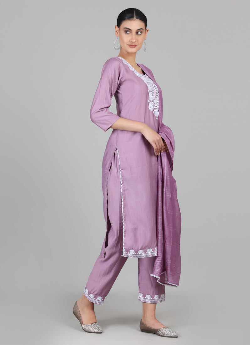 Lilac Silk Thread Embroidered Suit Set