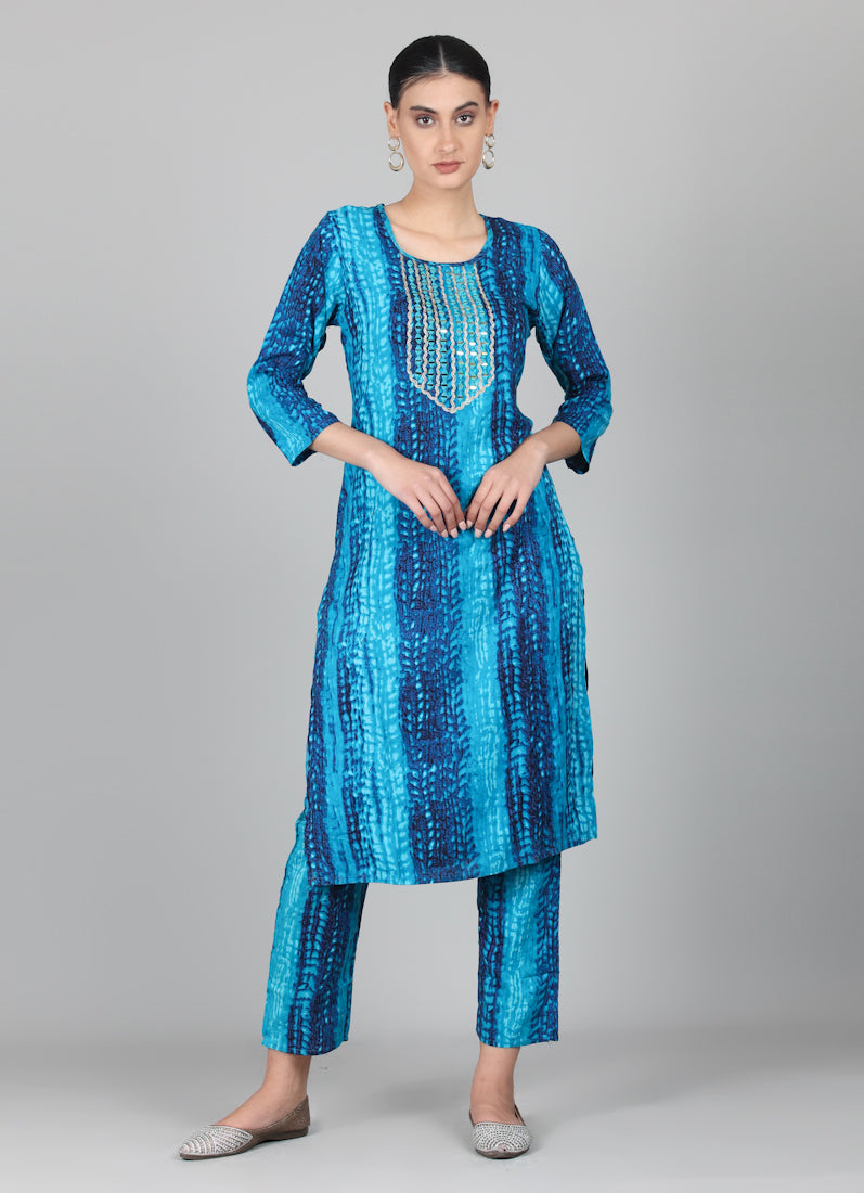 Blue Rayon Thread Sequin Embroidered Suit Set