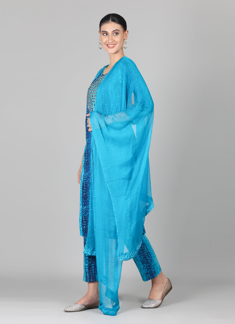 Blue Rayon Thread Sequin Embroidered Suit Set