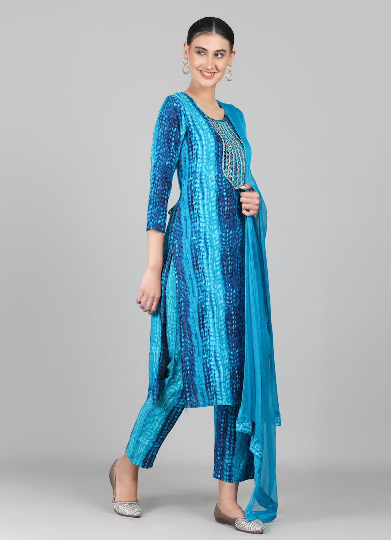 Blue Rayon Thread Sequin Embroidered Suit Set
