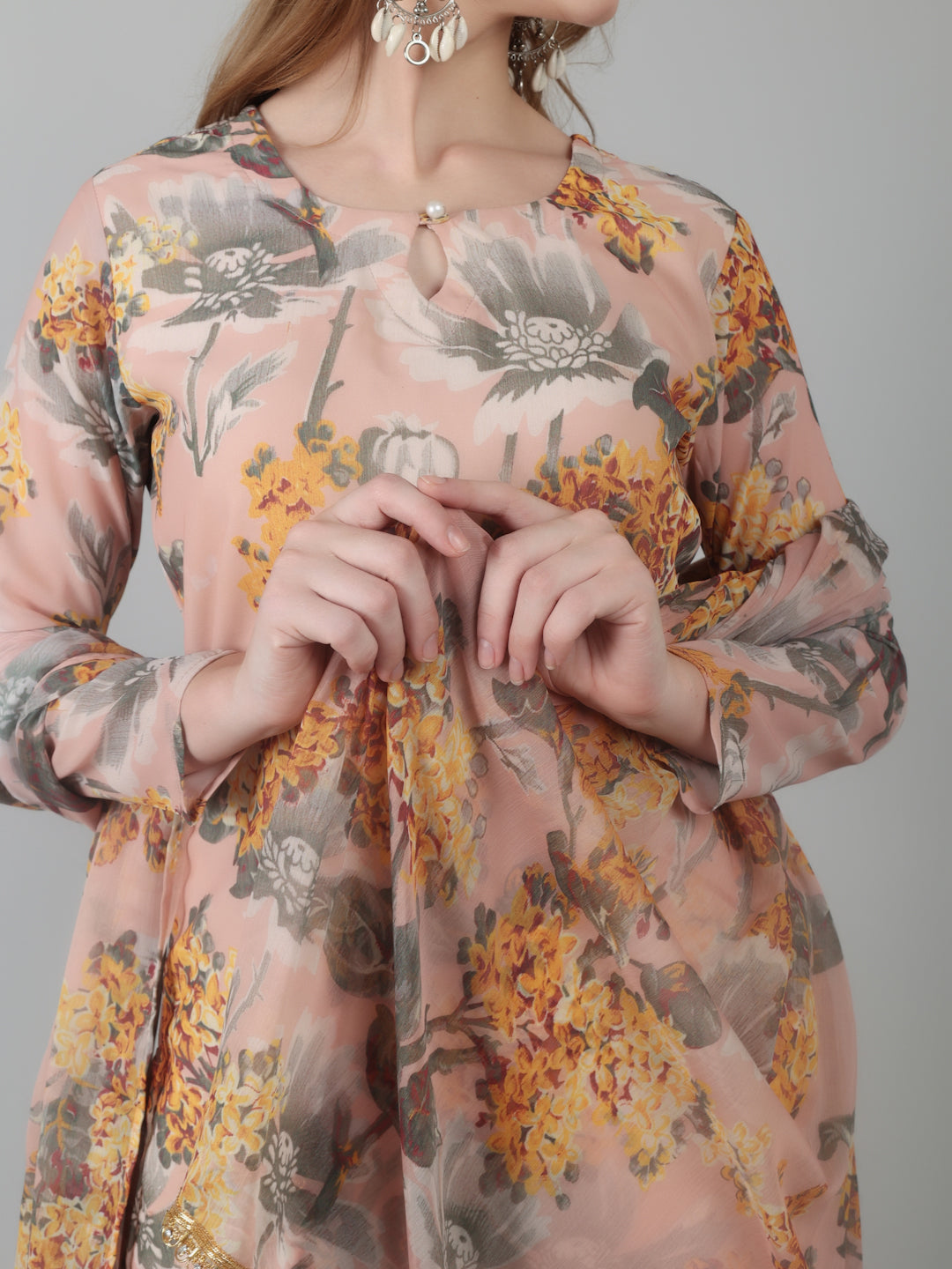 Peach Digital Print On Print Suit Set