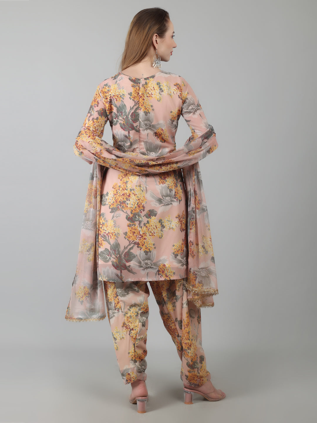 Peach Digital Print On Print Suit Set