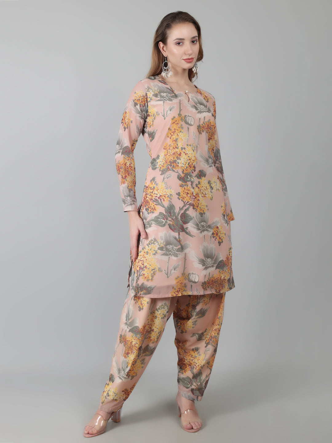 Peach Digital Print On Print Suit Set