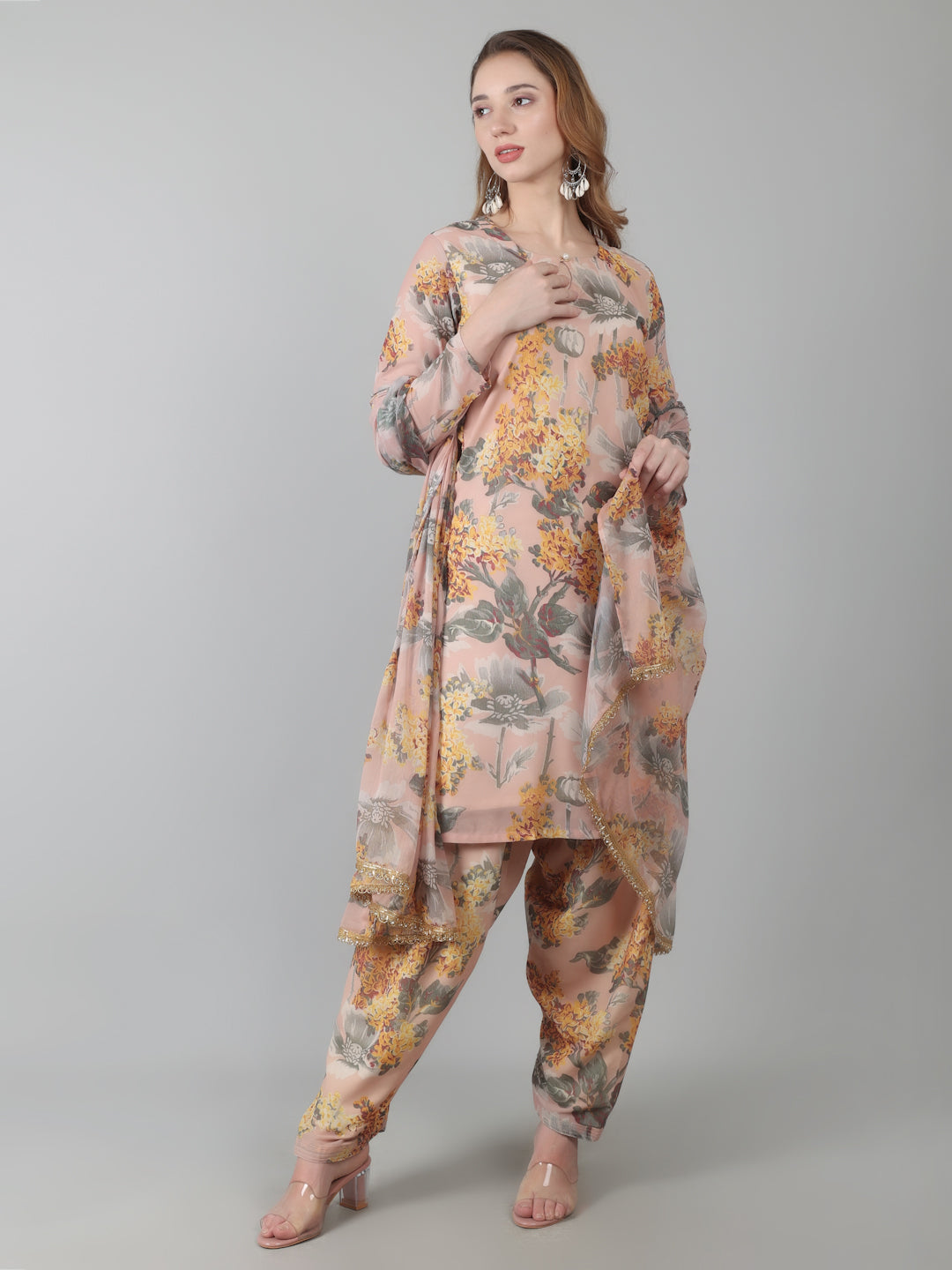 Peach Digital Print On Print Suit Set