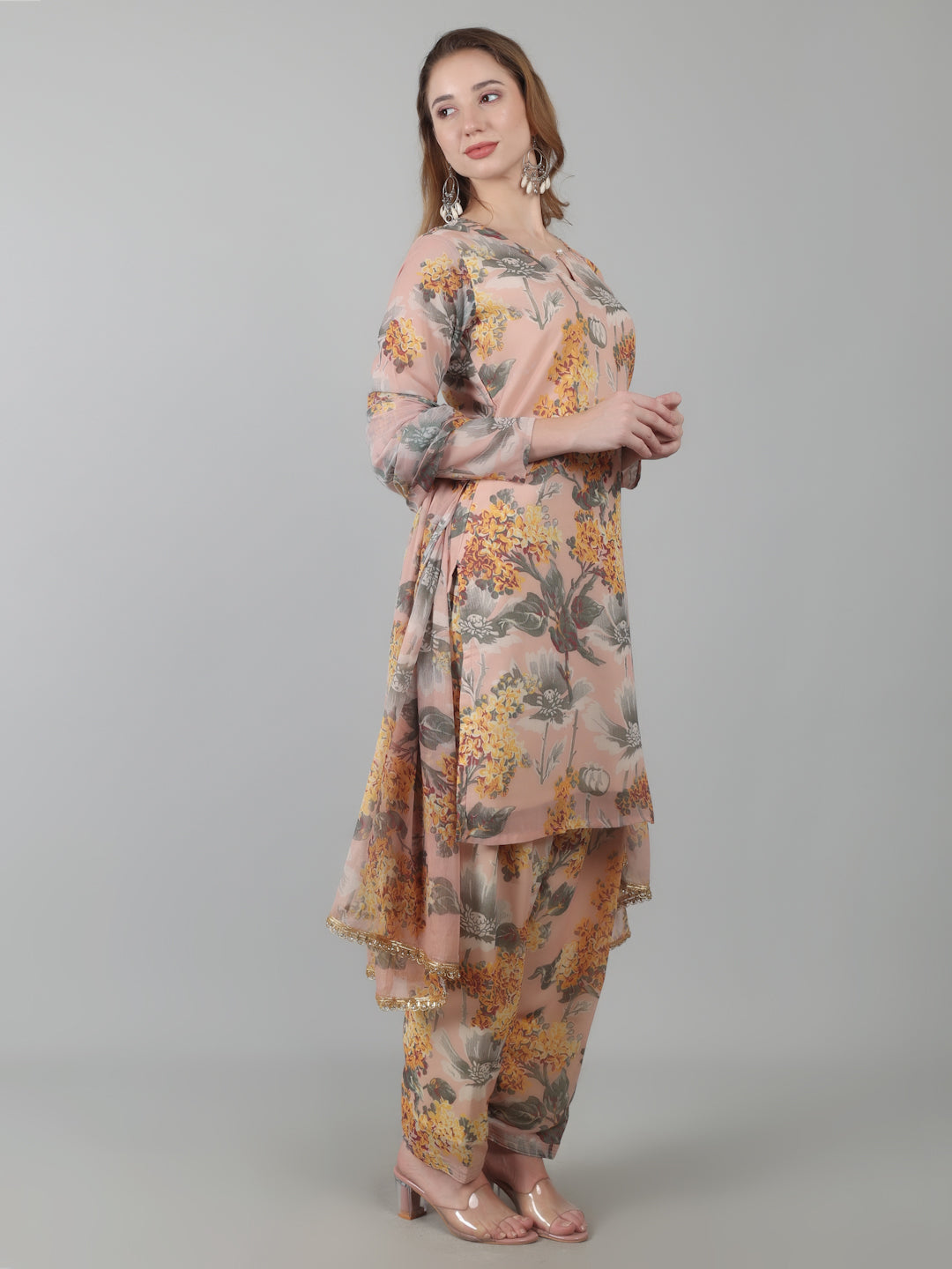 Peach Digital Print On Print Suit Set