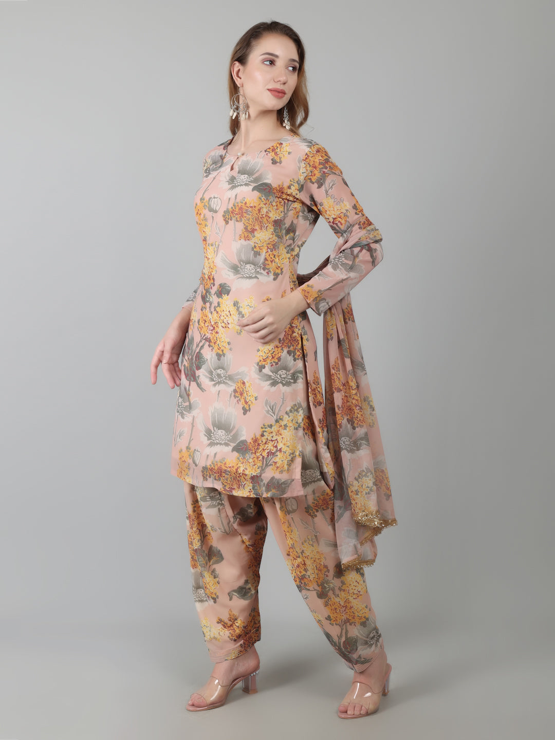 Peach Digital Print On Print Suit Set