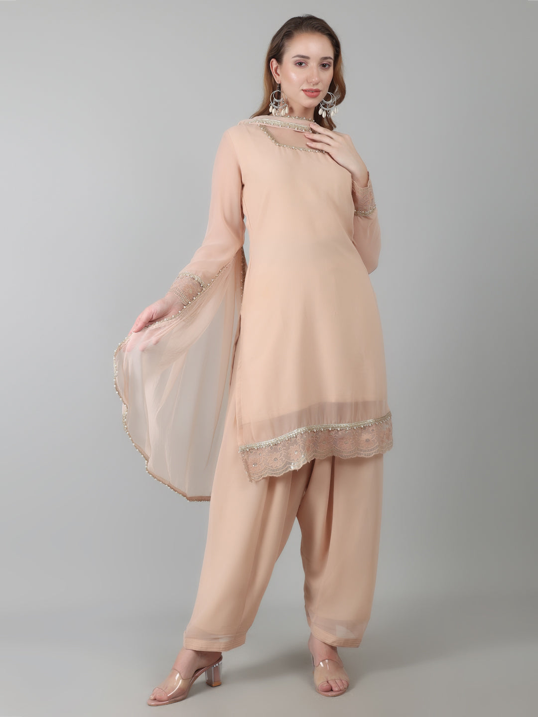 Peach Georgette Lace Suit Set