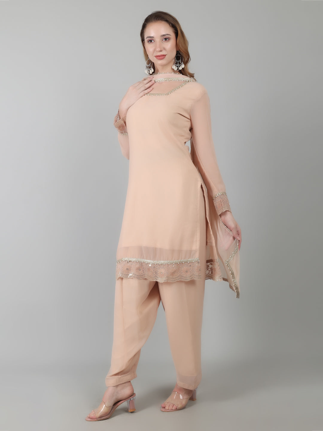 Peach Georgette Lace Suit Set