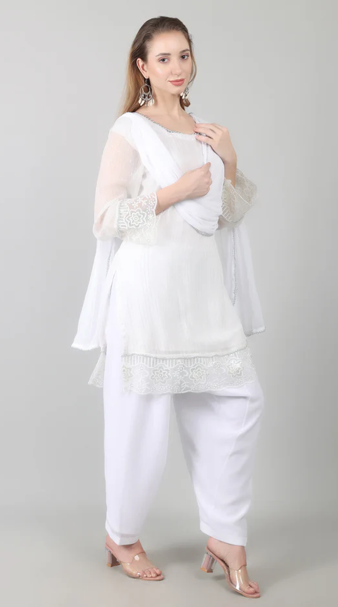 White Georgette Lurex Lace Suit Set