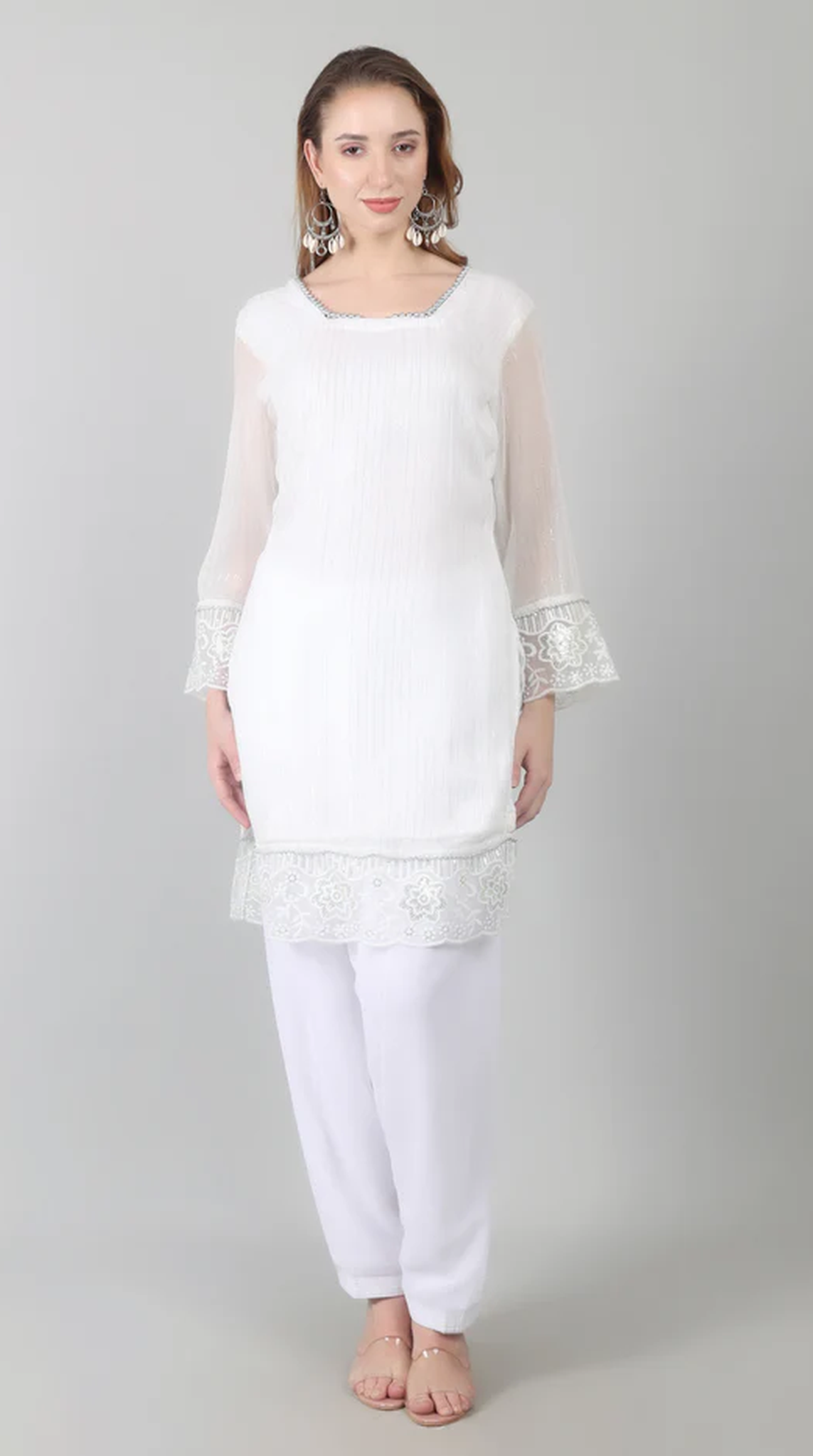 White Georgette Lurex Lace Suit Set