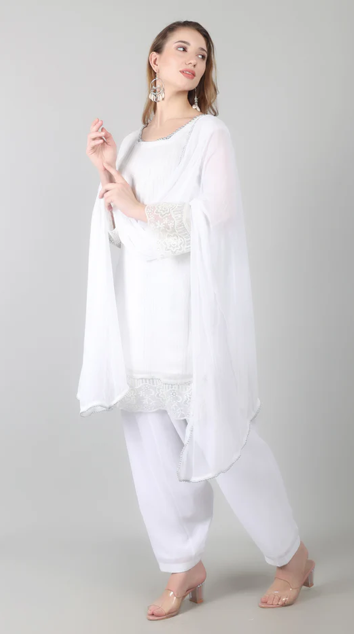 White Georgette Lurex Lace Suit Set