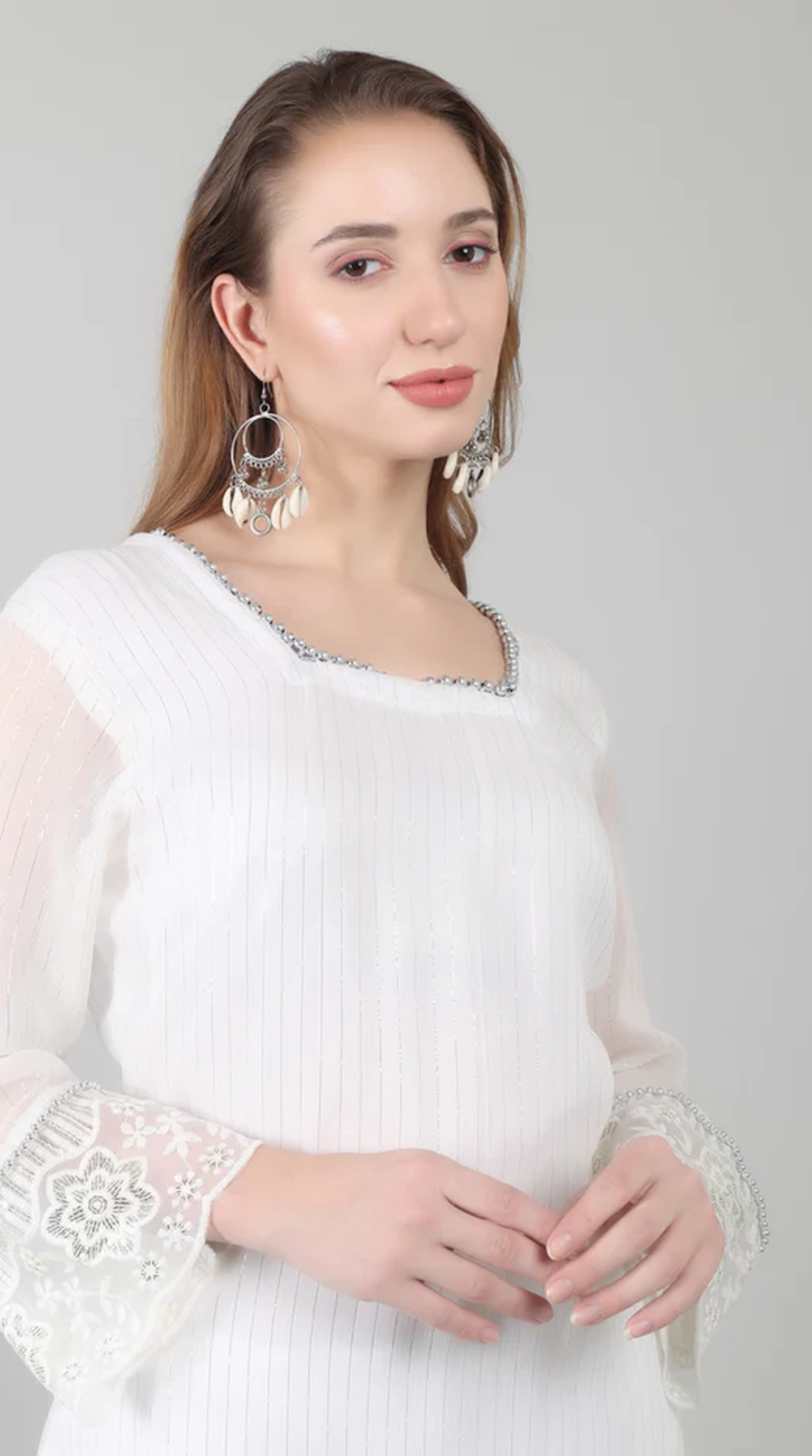 White Georgette Lurex Lace Suit Set
