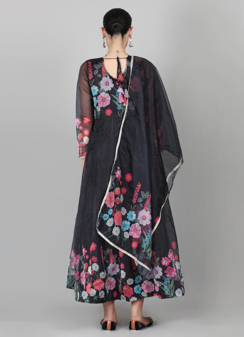 Black Organza Floral Printed Suit Set